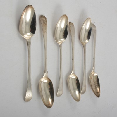 Lot 242 - Pair of Georgian silver tablespoons, Thomas Chawner, London 1773, and other Georgian tablespoons.