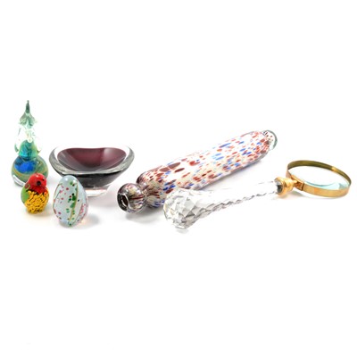 Lot 49 - Mdina glass seahorse, Nailsea type rolling pin, magnifying glass.