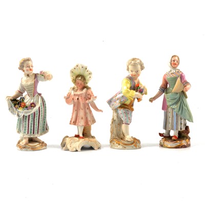 Lot 89 - Meissen figure of a girl wearing a bonnet, pair of Dresden figures and a French bisque figure
