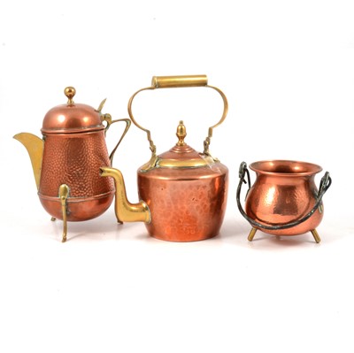 Lot 113 - Pair of copper and pewter candlesticks, copper and brass kettle, other copper and brasswares.