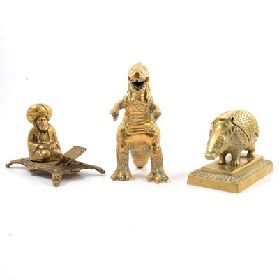 Lot 138 - Brass free-standing T-rex, armadillo, flying ducks and other decorative brass items.