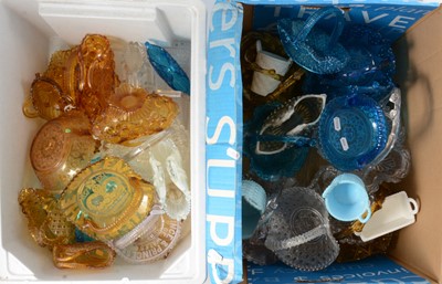 Lot 70 - Two boxes of pressed glass baskets of various colours, shapes and designs.