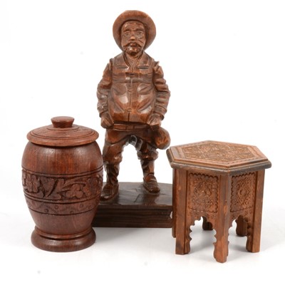 Lot 185 - Wooden pen tray, lidded pots, figures, and other items.