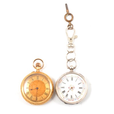 Lot 280 - Two open face fob watches, one silver and one 18K outer.