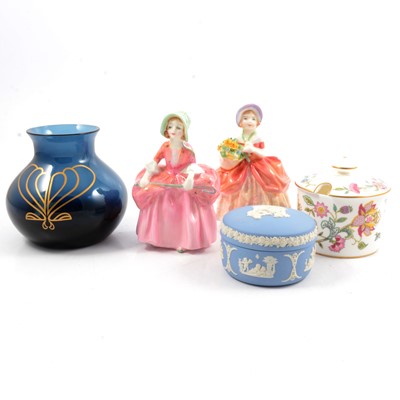 Lot 80 - Royal Doulton figurines, Minton Haddon Hall lidded jars, and other decorative ceramics and glass.