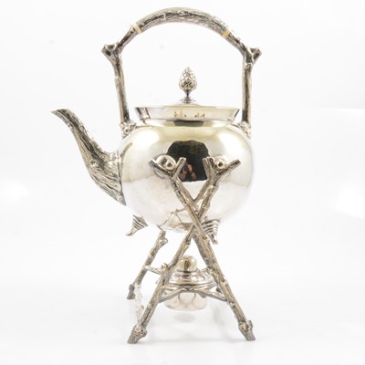 Lot 305 - Silver-plated spirit kettle on stand, salver, meat platter and cover.
