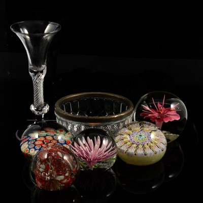 Lot 21 - An Antique cordial glass, five glass paper weights, two millefiori, glass dish with metal rim