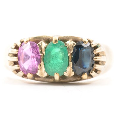 Lot 34 - A gemstone ring set ring, emerald, sapphire and pink sapphire.