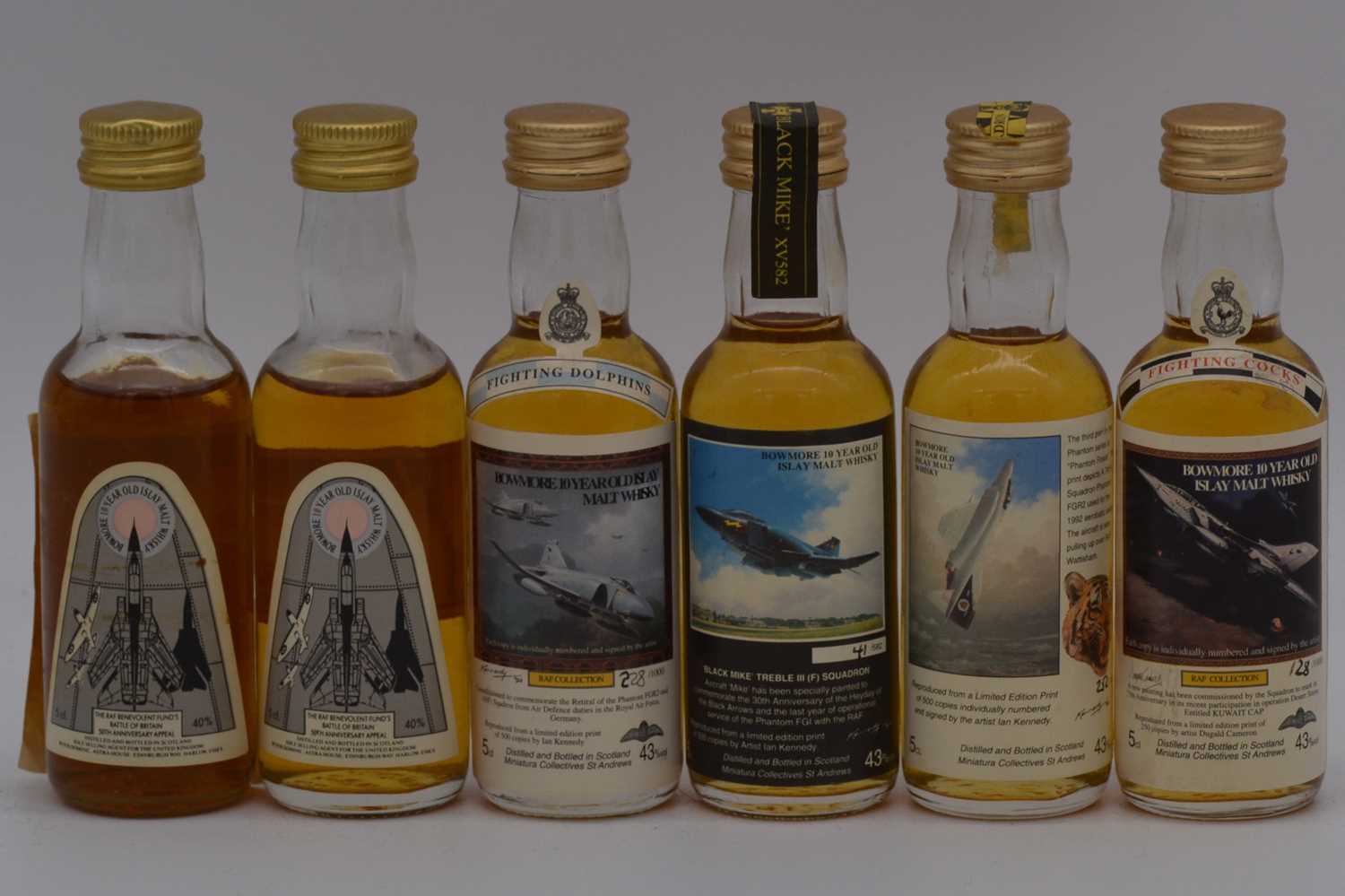 Lot 74 - RAF whisky miniature Commemoratives - Bowmore, 10 year old, six bottlings