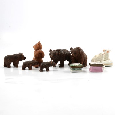 Lot 14 - Two small pill boxes, pair of small Staffordshire sheep and five wooden Black Forest Bears.