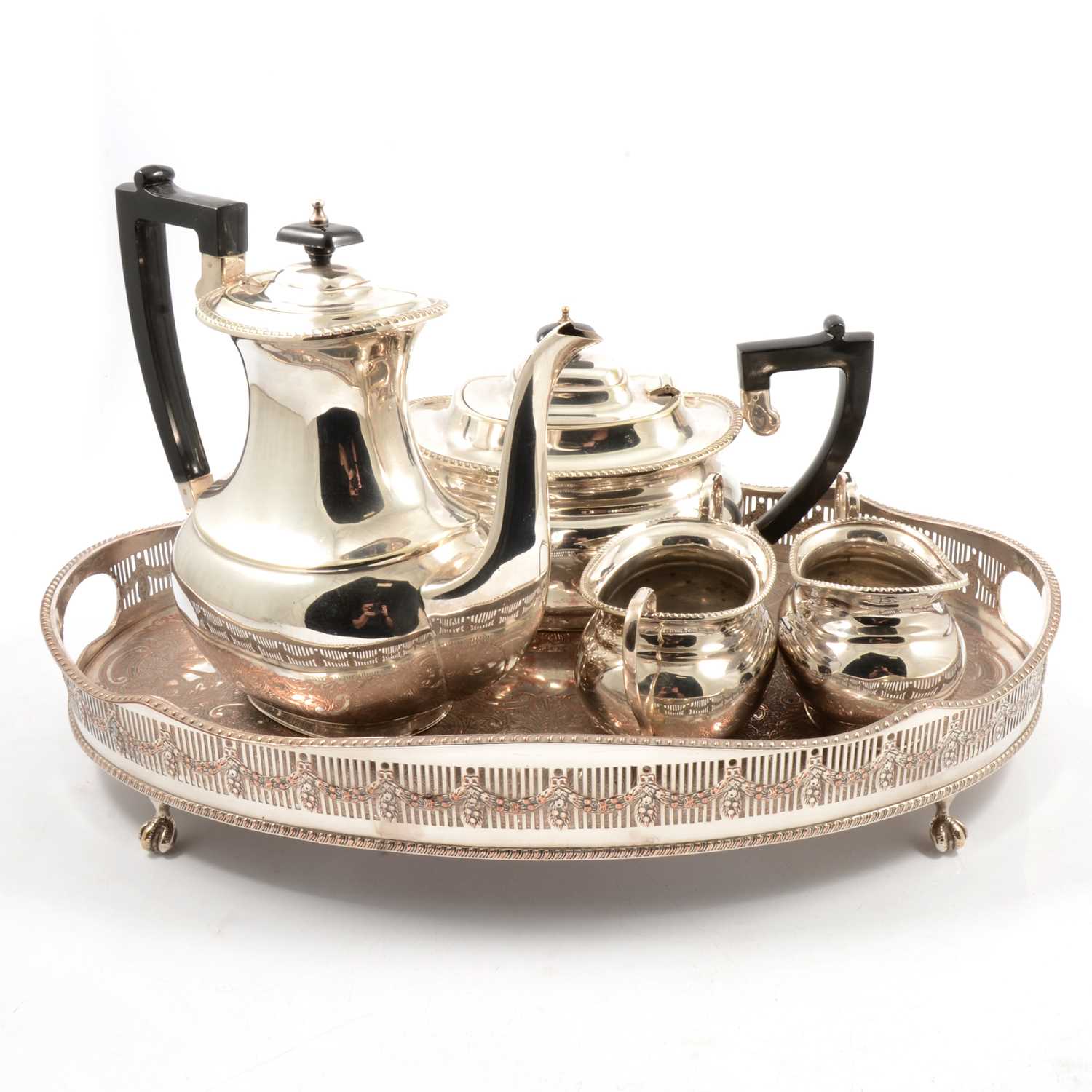 Lot 153 - Four-piece silver-plated tea service, and a silver-plated tray.