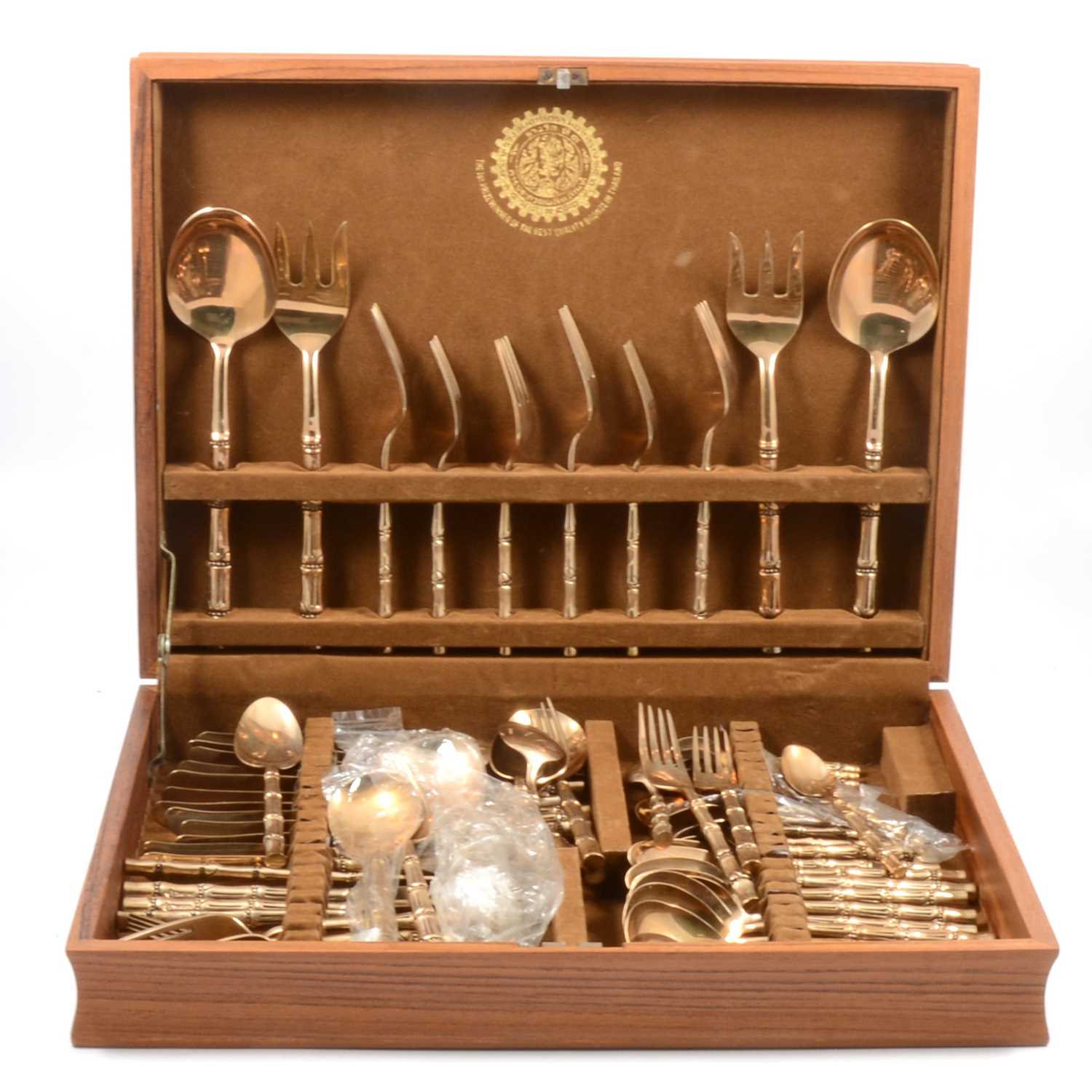 Lot 103 - Silver-plated wares and a bamboo style canteen of bronzed cutlery.