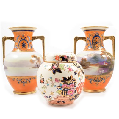 Lot 10 - A pair of Noritake twin handled vases, Masons ginger jar.