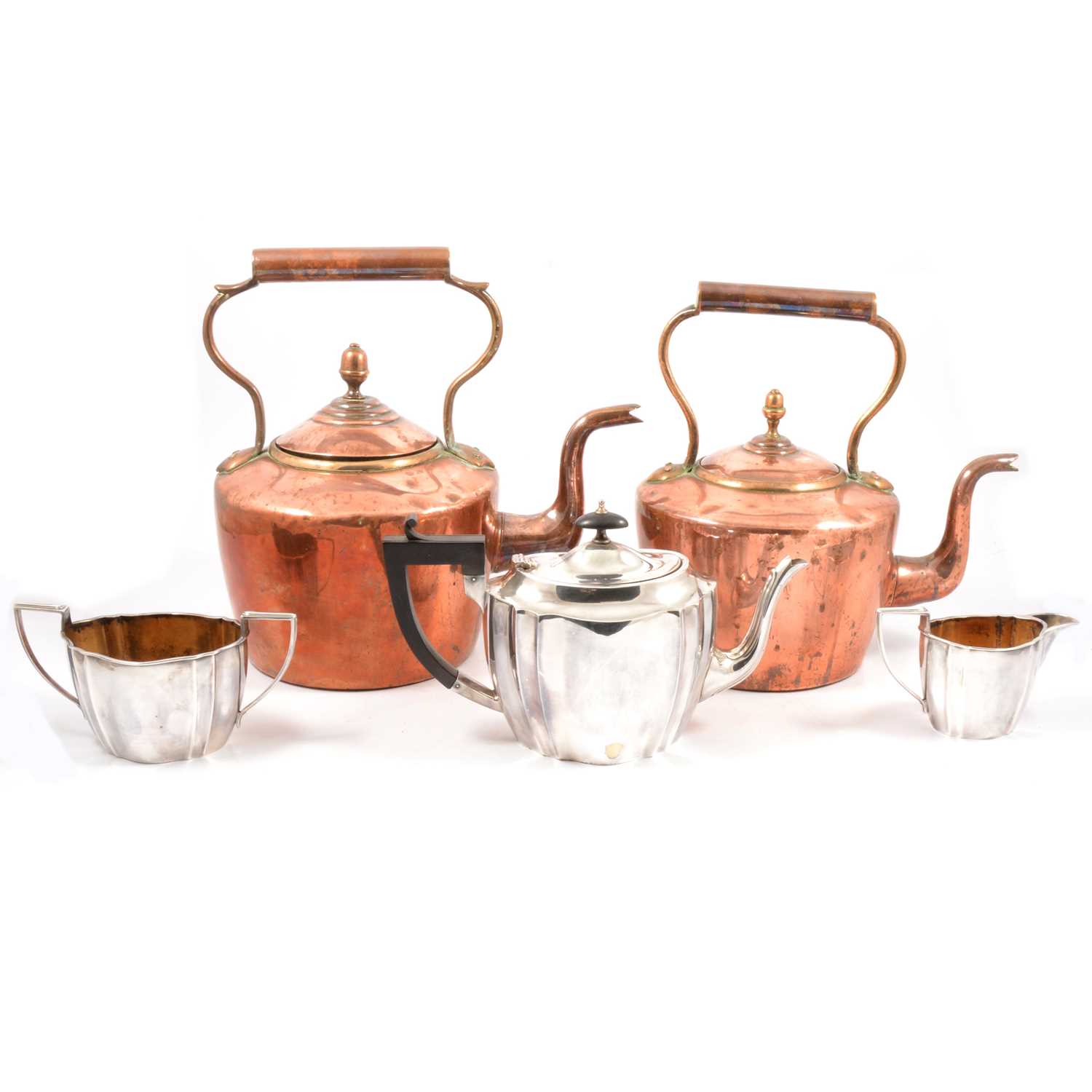 Lot 51 - China teaset and electroplated three-piece teaset and two Victorian copper and brass kettles.