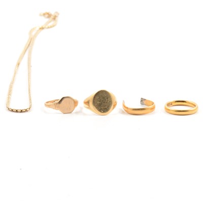 Lot 321 - Four gold rings and a 9 carat yellow gold chain necklace.