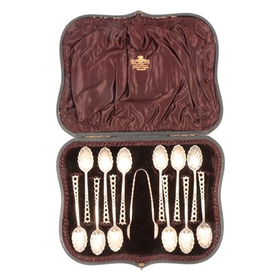 Lot 150 - Cased set of twelve spoons with sugar tongs, Atkin Brothers, Sheffield 1890.