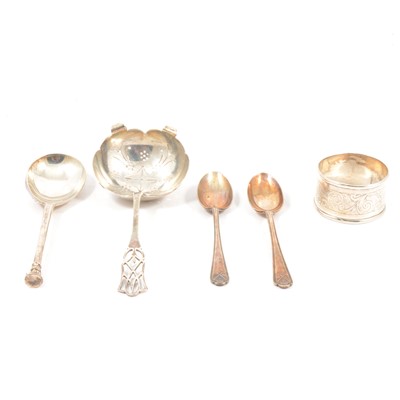 Lot 134 - Silver sifter spoon, Pearce & Sons, Sheffield 1938, and other small silver items.