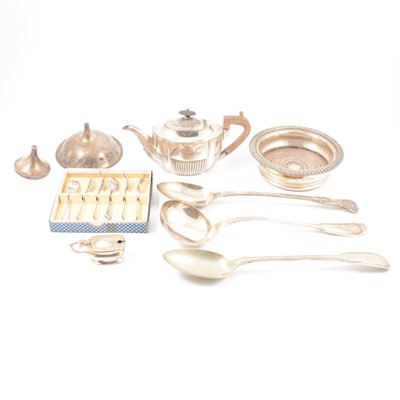 Lot 112 - Silver mustard, Thomas Hayes, Birmingham 1898, and other silver and plated wares.