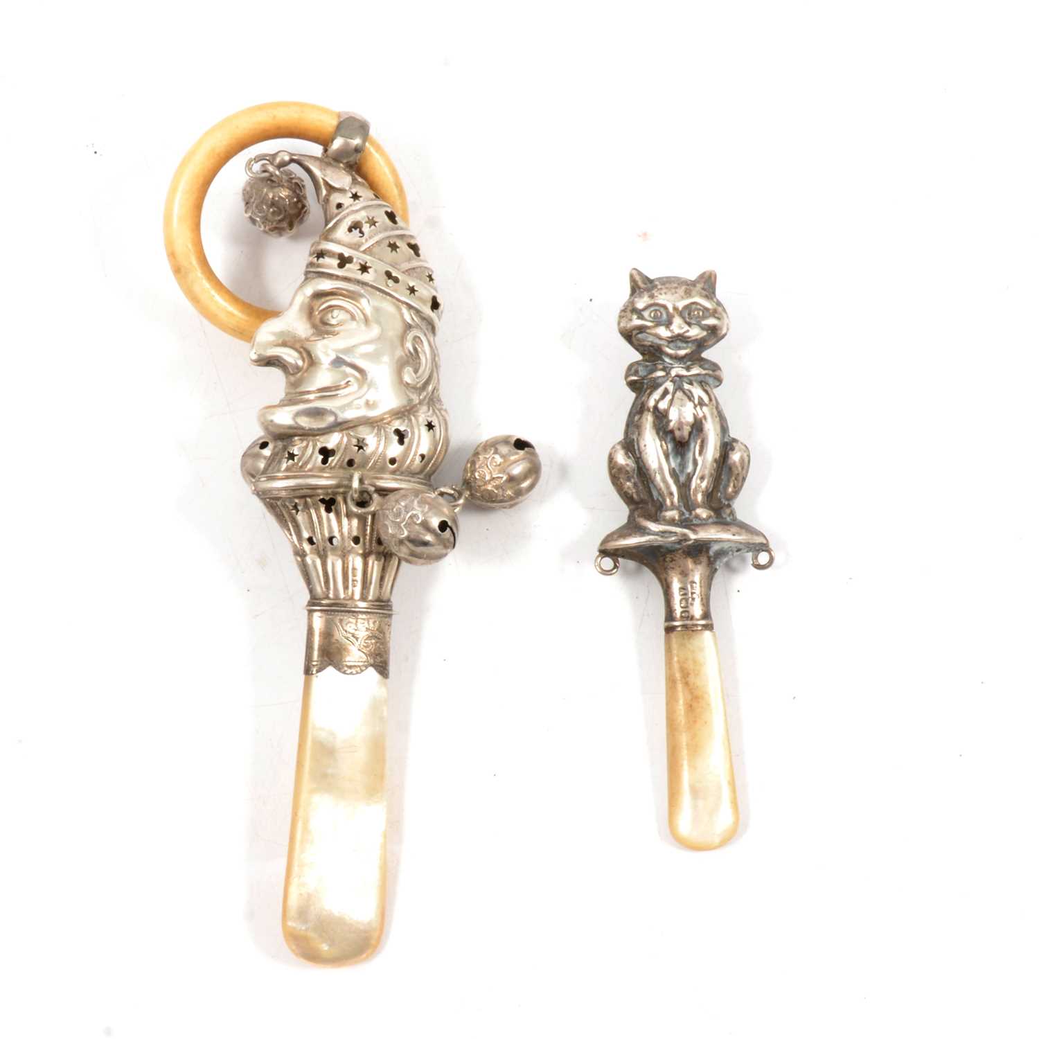 Silver Teether Lot 158 - A silver, ivory and mother-of-pearl 'jester'