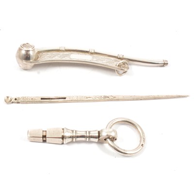 Lot 156 - Victorian silver Bosun's whistle, silver stopper / barrel plug and white metal needle.