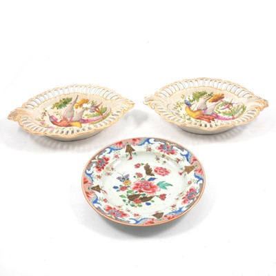 Lot 41 - Chinese famille rose plate; and a pair of continental dessert dishes, in the style of James Giles