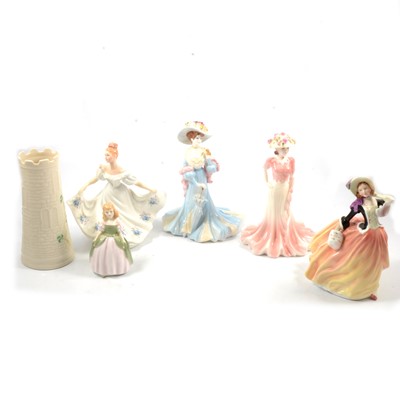 Lot 45 - Three Doulton and two Coalport figurines, and a Belleek Castle vase