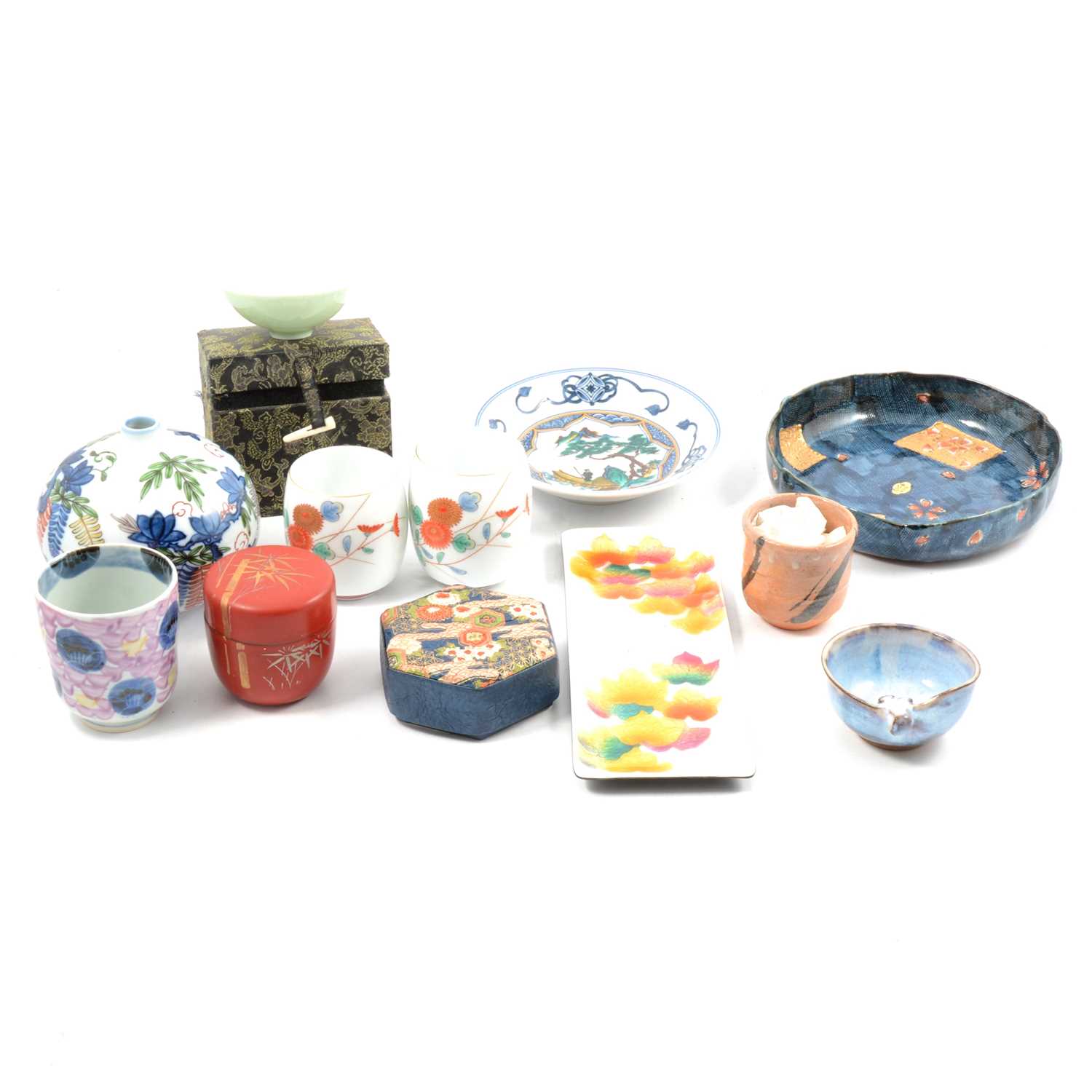 Lot 20 - Pair of Japanese porcelain beakers, other modern Japanese and Korean ceramics, and other artifacts.