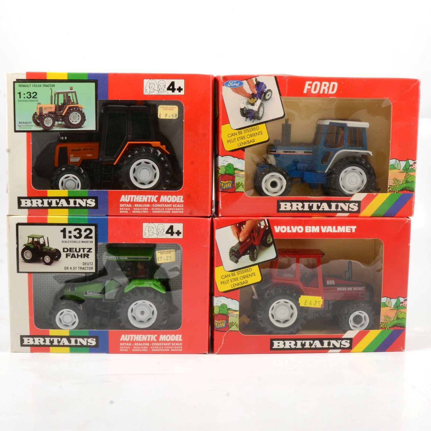Britains Farm toys, four tractors including ref 9496 Deutz DX 4.57 etc ...