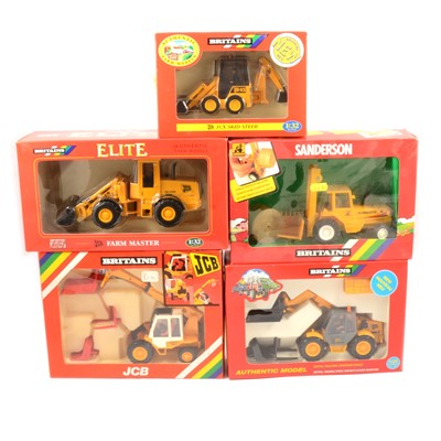 Lot 228 - Britains Farm toys, five vehicles including 09453 JCB 1CX Skid Steer