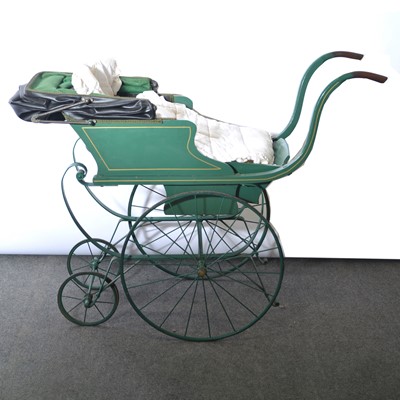 Lot 361 - Victorian coach pram, painted wooden body with curved handles