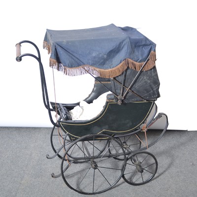 Lot 333 - Victorian doll's pram, painted wooden body, fridged canopy