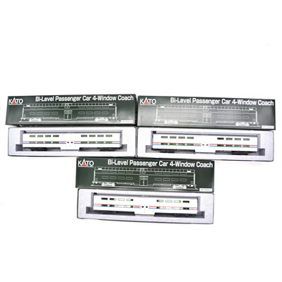 Lot 571 - Five Kato HO gauge model railways Amtrak bi-level passenger car 4-window coaches.