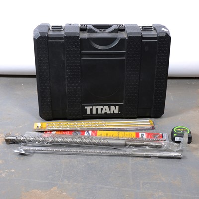 Lot 285 - Titan rotary hammer drill, 30mm SDS drill bit and other drill bits.