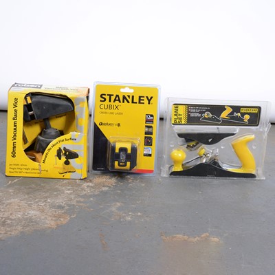 Lot 286 - A box of various hand tools including a Stanley Cubix cross line laser, planes, vices etc
