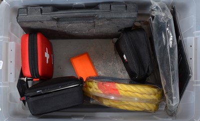 Lot 261 - A box of car accessories including a emergency starter kit and a Optimate smart charger kit.
