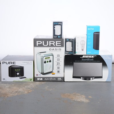 Lot 273 - Two Pure DAB radios, a Bose Sound Dock and a Amazon echo with accessories.