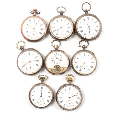 Lot 292 - Eight open face pocket watches with continental silver marks.