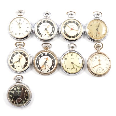 Lot 301 - Six Ingersoll chrome-plated open face pocket watches and three others