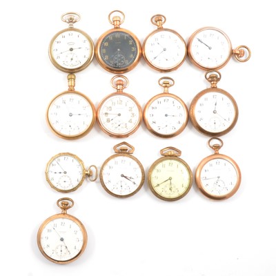 Lot 294 - Thirteen gold-plated open face pocket watches with arabic dials.