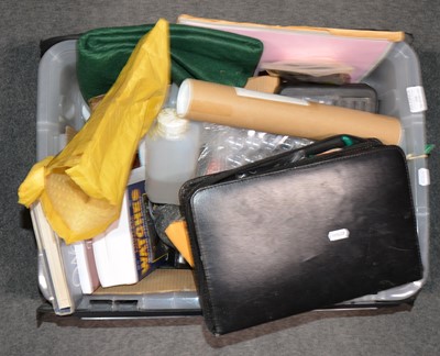 Lot 116 - Plastic crate and Stanley tool box of modern watch tools and accessories including cleaning fluids, wire wool, etc.