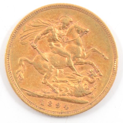 Lot 71 - Victoria Veiled Head Gold Full Sovereign, 1894, 8g