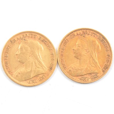 Lot 83 - Two Victoria Veiled Head Gold Half Sovereigns, 1900/1901, 8g