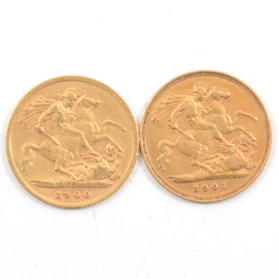Lot 83 - Two Victoria Veiled Head Gold Half Sovereigns, 1900/1901, 8g