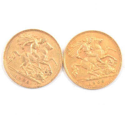 Lot 85 - Two Edward VII Gold Half Sovereigns, 1908, 8g
