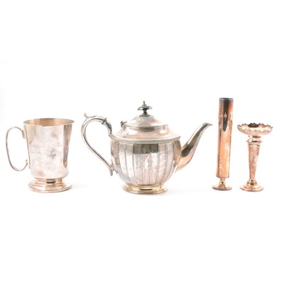 Lot 131 - Silver-plated fish servers, teapot, candlesticks, chamberstick, tankard and cutlery.