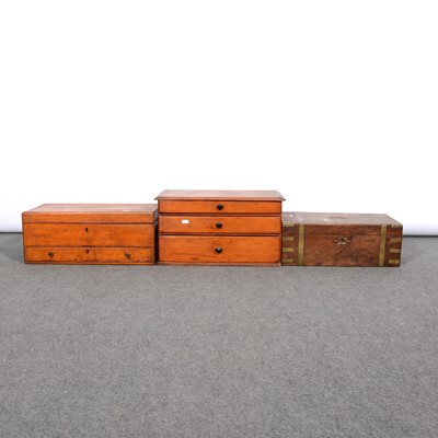 Lot 375 - Small pine three drawer tool chest, oak tool box and a walnut writing slope