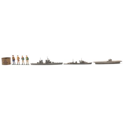 Lot 124 - Wooden model of three-masted brig; a set of small metal model ships; and a set of metal scout models.