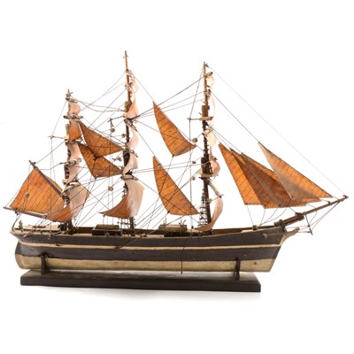 Lot 124 - Wooden model of three-masted brig; a set of small metal model ships; and a set of metal scout models.