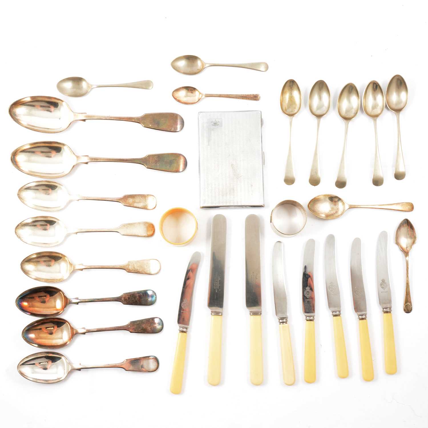 Lot 135 - Silver teaspoons, sugar tongs, napkin ring, and silver-plated cutlery.