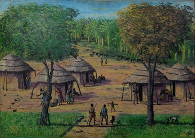 Lot 204 - Sebi (contemporary African School), Village scene, and two other African paintings